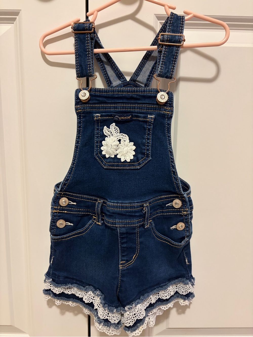 Jordache Dark Blue Denim Short Overalls with White Lace Applique